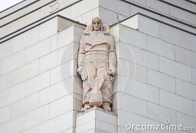 The Air Force Officer sculpture in his a Sidcot flying suit , flying helmet with goggles at Anzac war memorial. Editorial Stock Photo